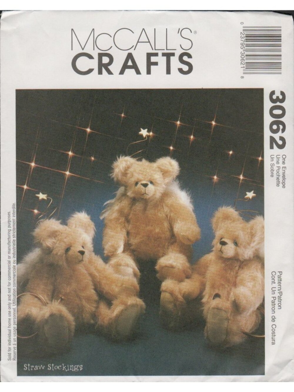 McCall's 3062 Stuffed Jointed Teddy Bear w/ Wings Pattern Straw Stockings Uncut